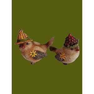 Set Of 2 Decorative Bird Figurines With Hats & Flowers